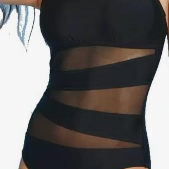Shade & Shore | Black Mesh Front One Piece Swimsuit Size 16 NWT - Picture 5 of 10